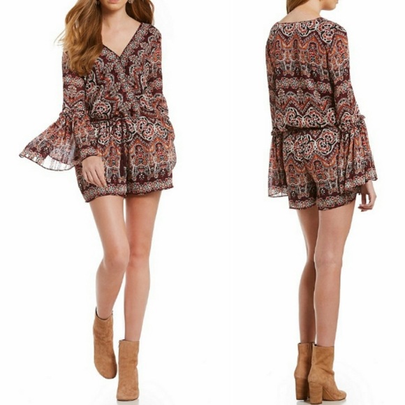 Chelsea & Violet Lurex V-Neck Romper with Beautiful Bell Sleeves in Burgundy - Picture 5 of 6